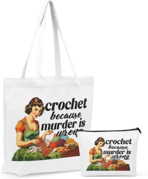 Crochet Knitting Supplies Canvas Tote Bag Makeup Bag Set, Crochet Accessories Gifts for Women Grocery Cosmetic Bags