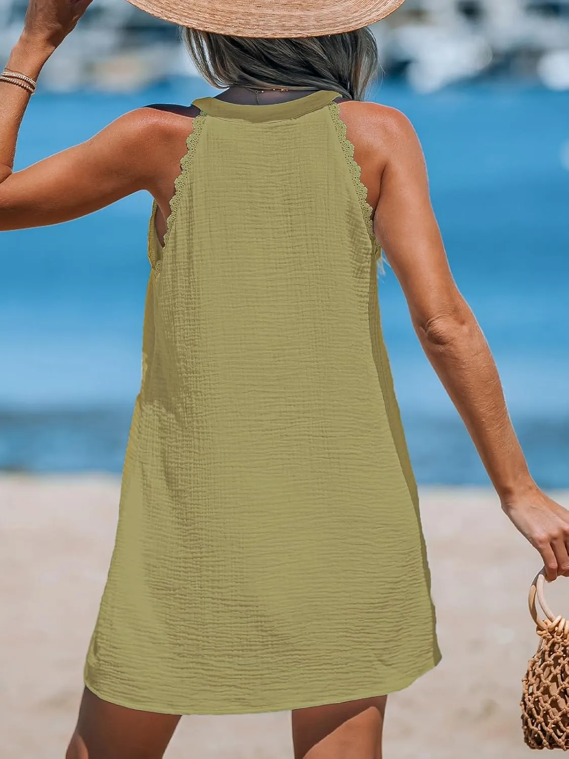 CUPSHE Women Swimsuit Coverup V Neck Sleeveless Beach Cover Ups Dress Lace Trim Vacation Outfits for 2025