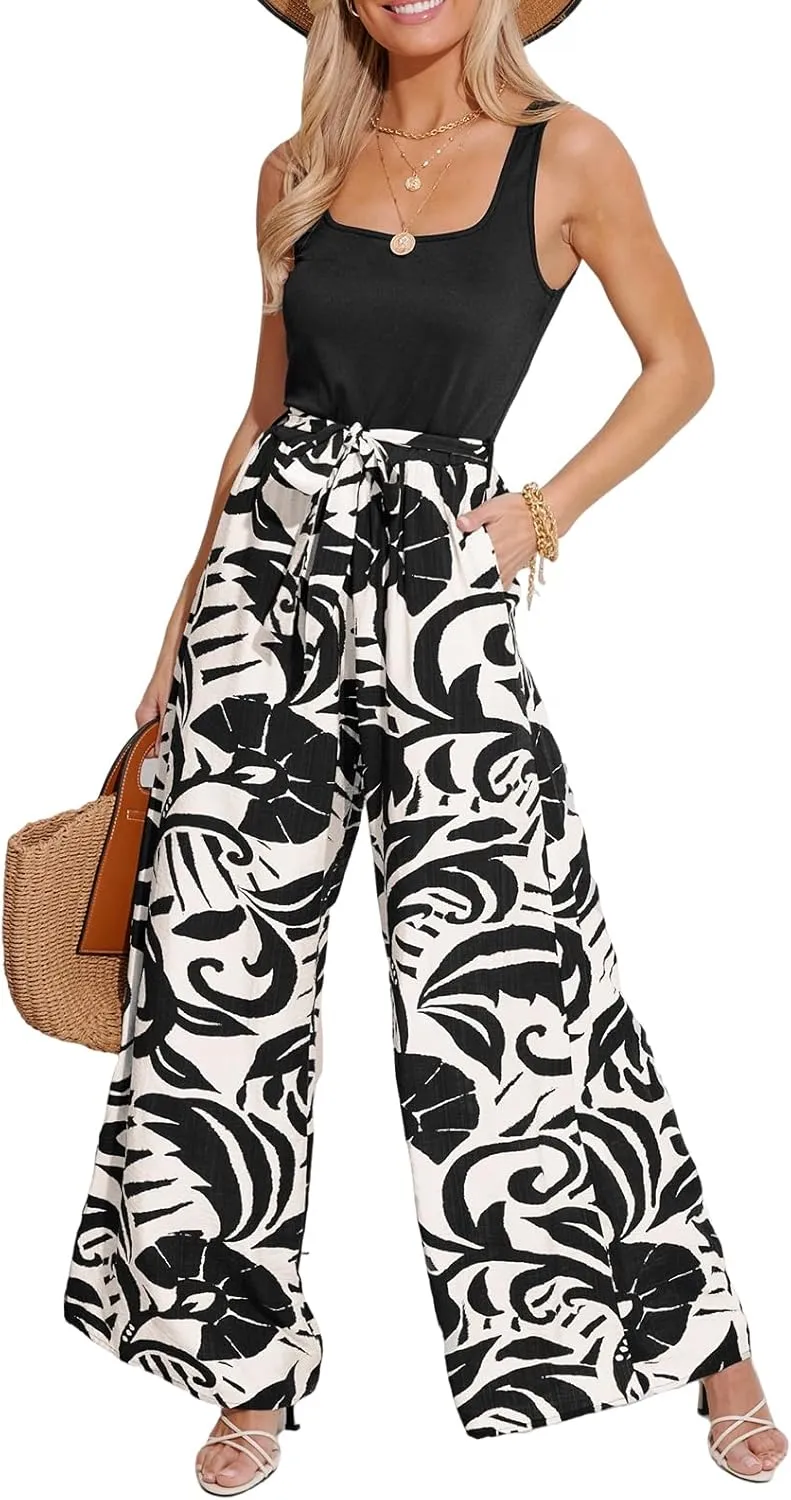CUPSHE Women's Romper Square Neck Sleeveless Belted Pocket Wide leg Maxi Outfit Casual Dressy