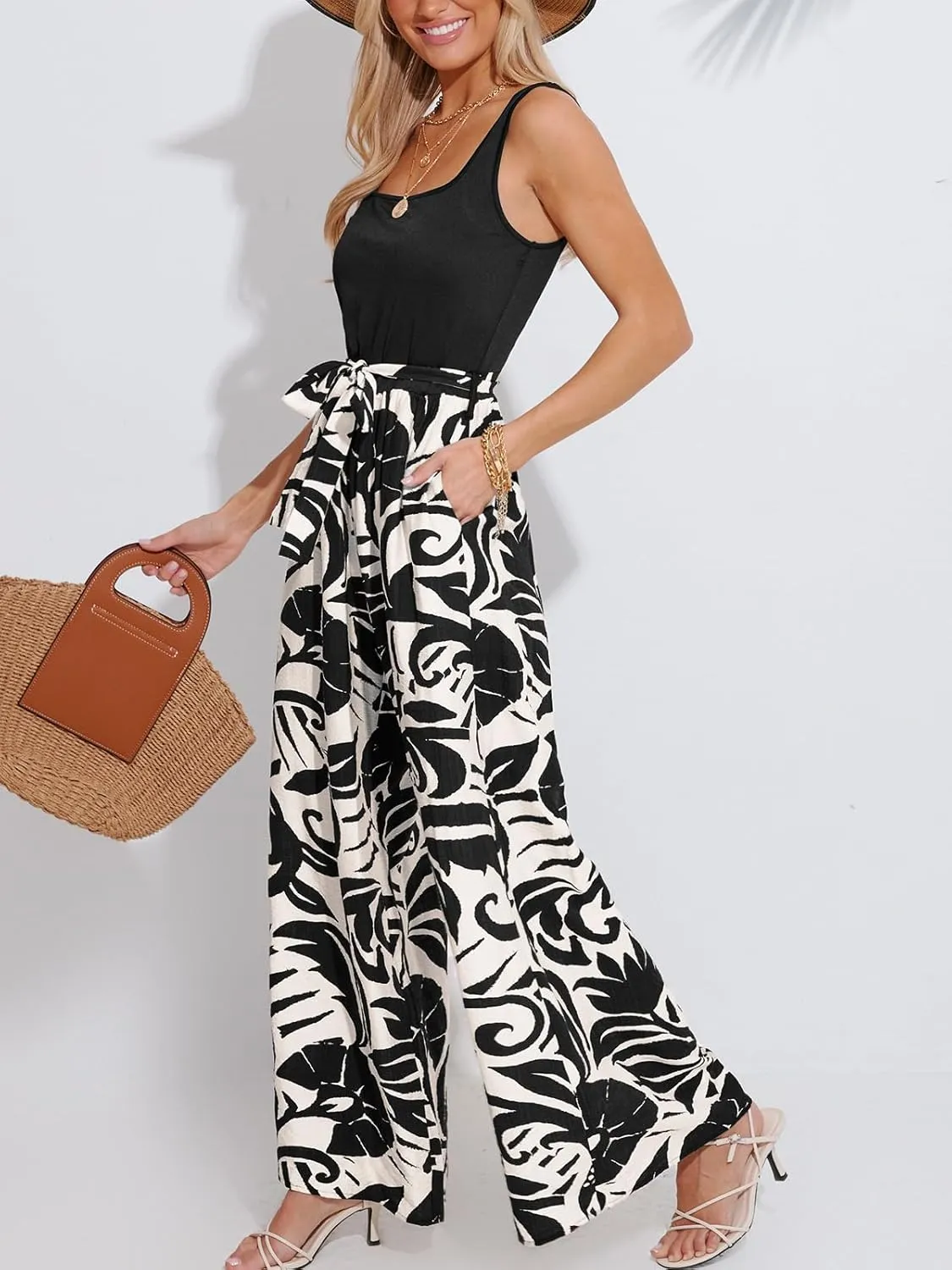 CUPSHE Women's Romper Square Neck Sleeveless Belted Pocket Wide leg Maxi Outfit Casual Dressy