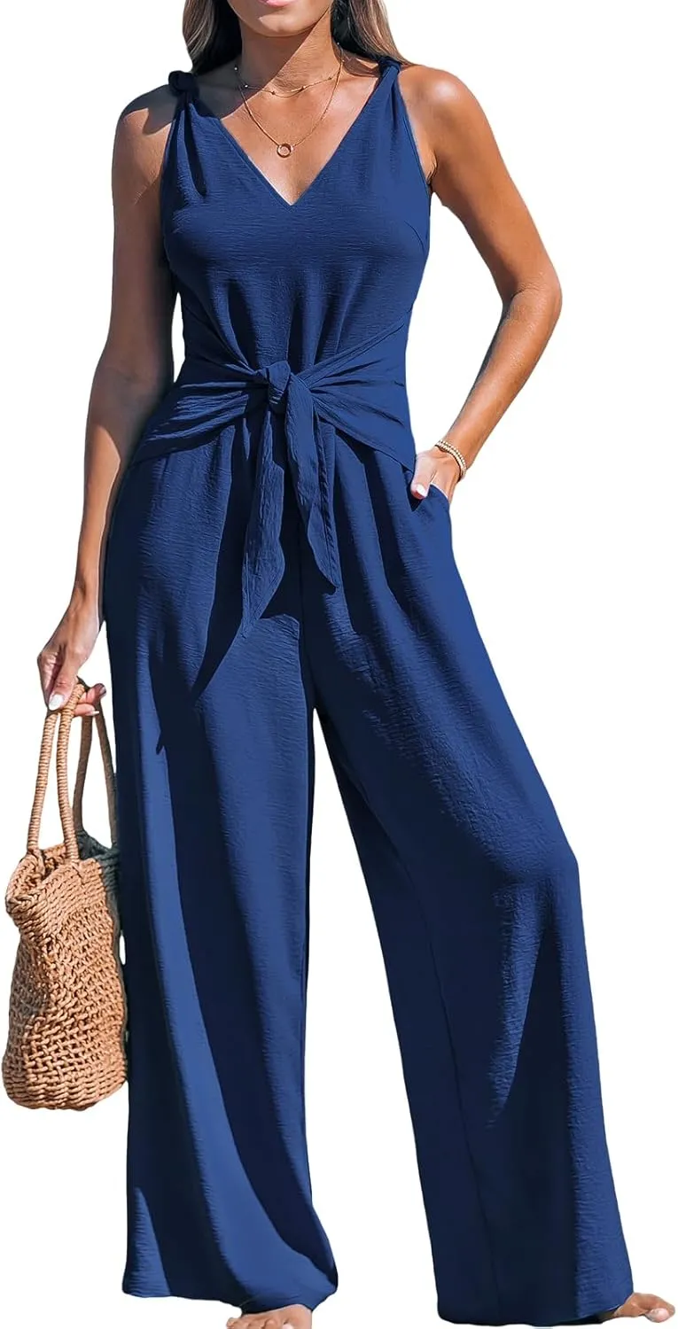 CUPSHE Women's Summer Jumpsuits Sleeveless Tie Knot Wide Leg Long Pants Romper with Pockets