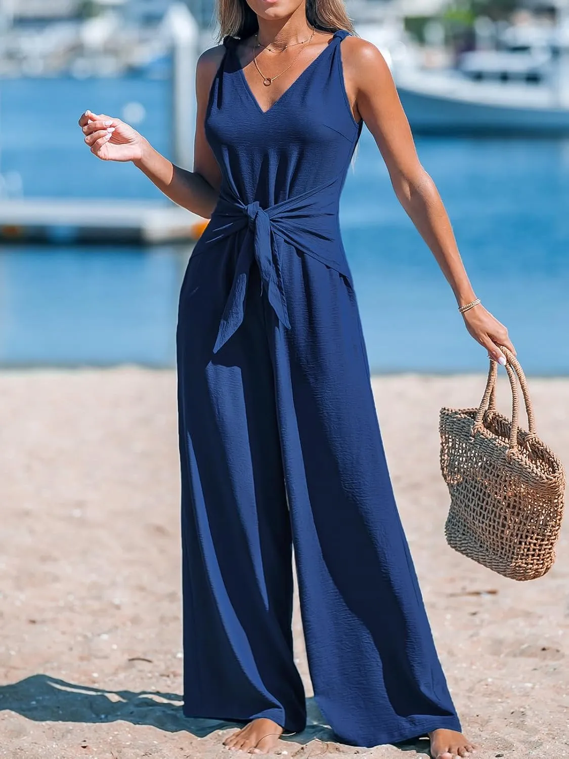 CUPSHE Women's Summer Jumpsuits Sleeveless Tie Knot Wide Leg Long Pants Romper with Pockets