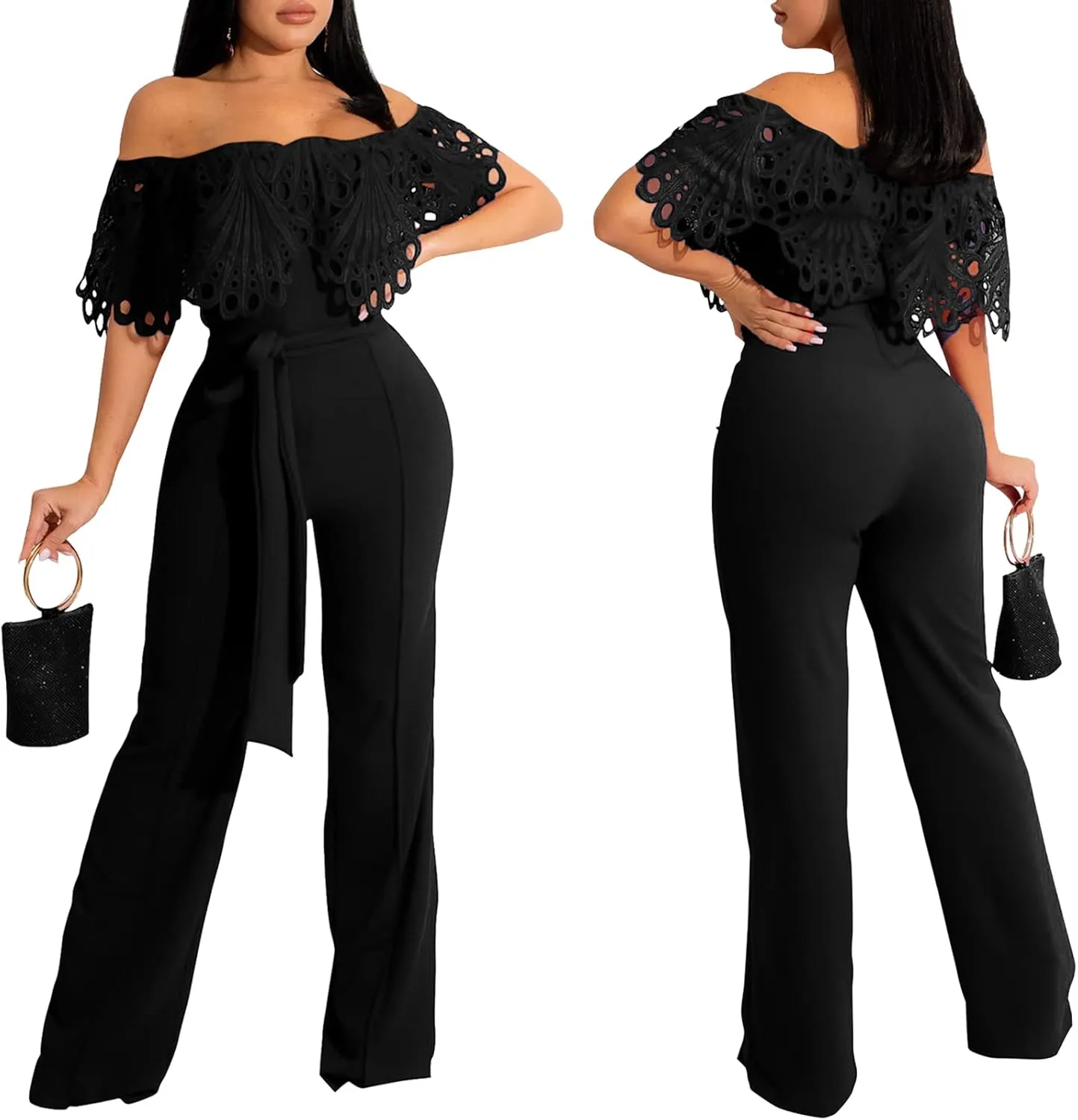 CutieLove Women's Sexy Off Shoulder Solid Jumpsuits Casual Wide Leg Long Pants One Piece Jumpsuits with Belt