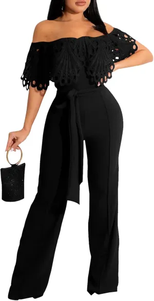 CutieLove Women's Sexy Off Shoulder Solid Jumpsuits Casual Wide Leg Long Pants One Piece Jumpsuits with Belt