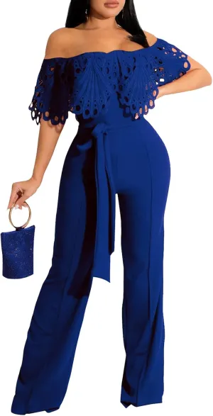 CutieLove Women's Sexy Off Shoulder Solid Jumpsuits Casual Wide Leg Long Pants One Piece Jumpsuits with Belt