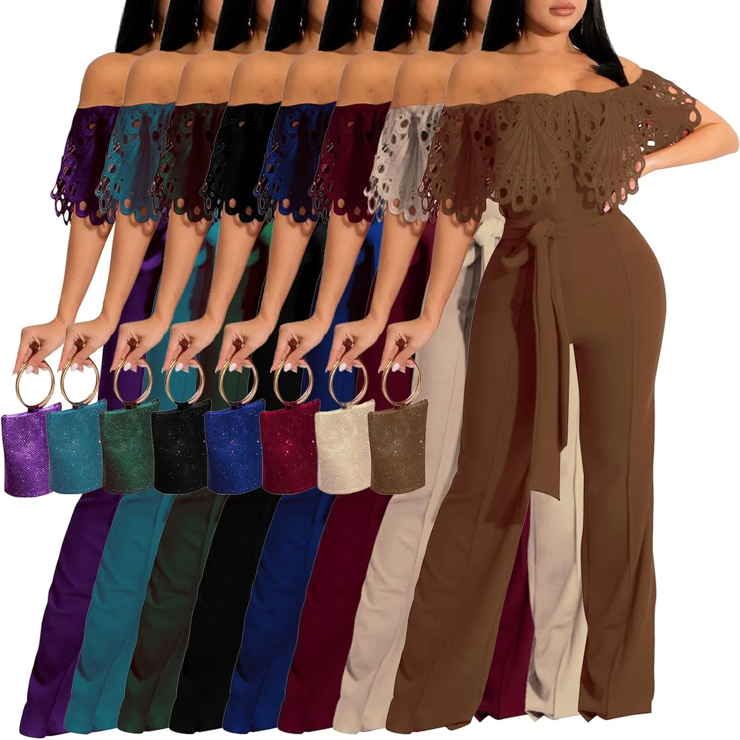 CutieLove Women's Sexy Off Shoulder Solid Jumpsuits Casual Wide Leg Long Pants One Piece Jumpsuits with Belt
