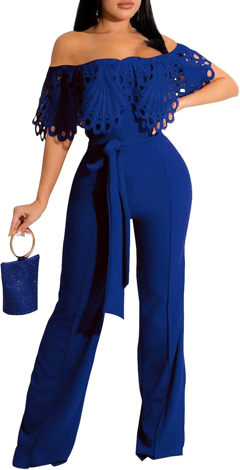 CutieLove Women's Sexy Off Shoulder Solid Jumpsuits Casual Wide Leg Long Pants One Piece Jumpsuits with Belt