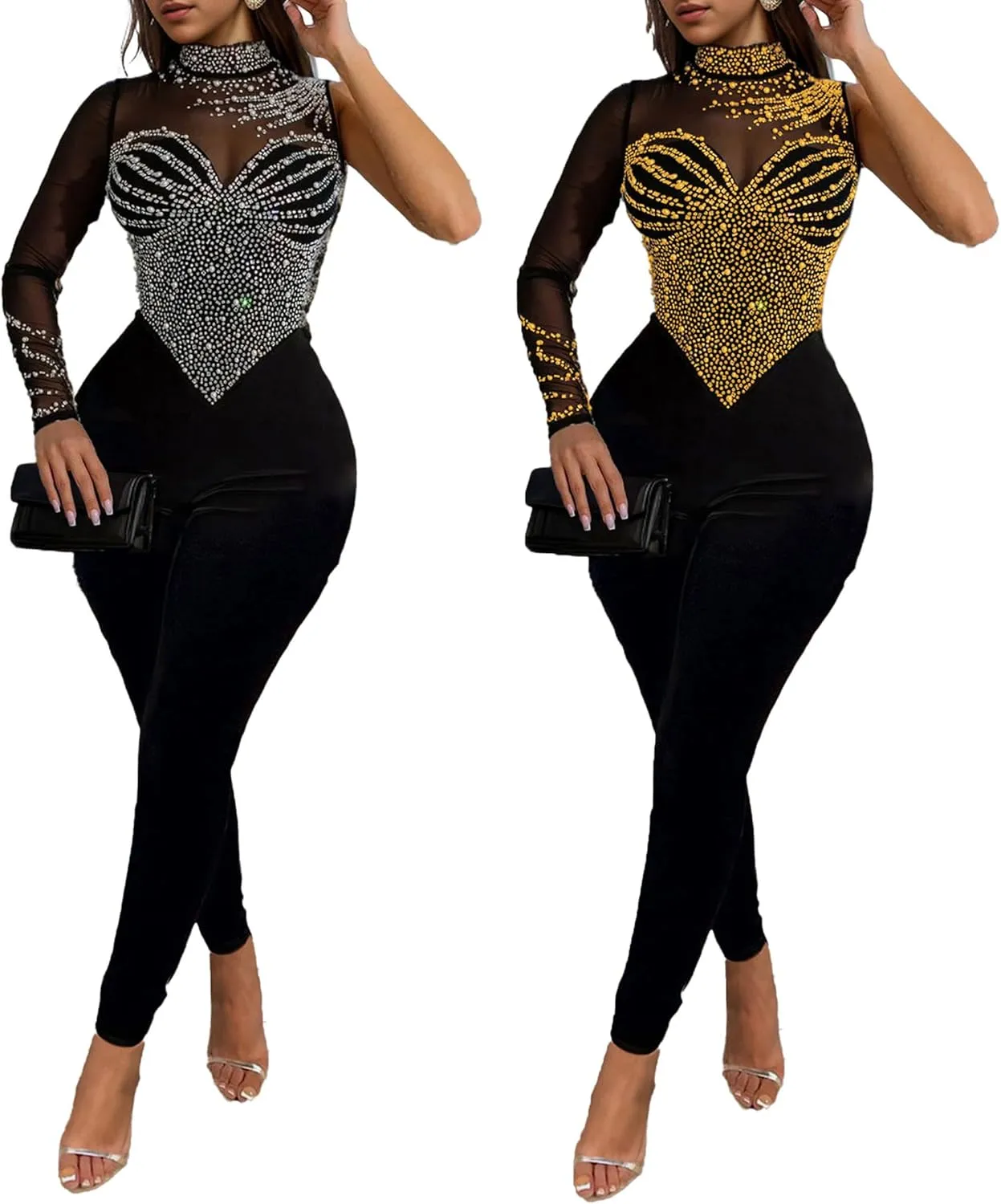 CUTUBLY Women Club Wear Feather Bodycon Jumpsuits Summer Sexy Rhinestone Jumpsuits Birthday Event Party Club Night Outfits