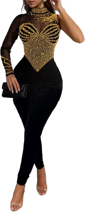 CUTUBLY Women Club Wear Feather Bodycon Jumpsuits Summer Sexy Rhinestone Jumpsuits Birthday Event Party Club Night Outfits