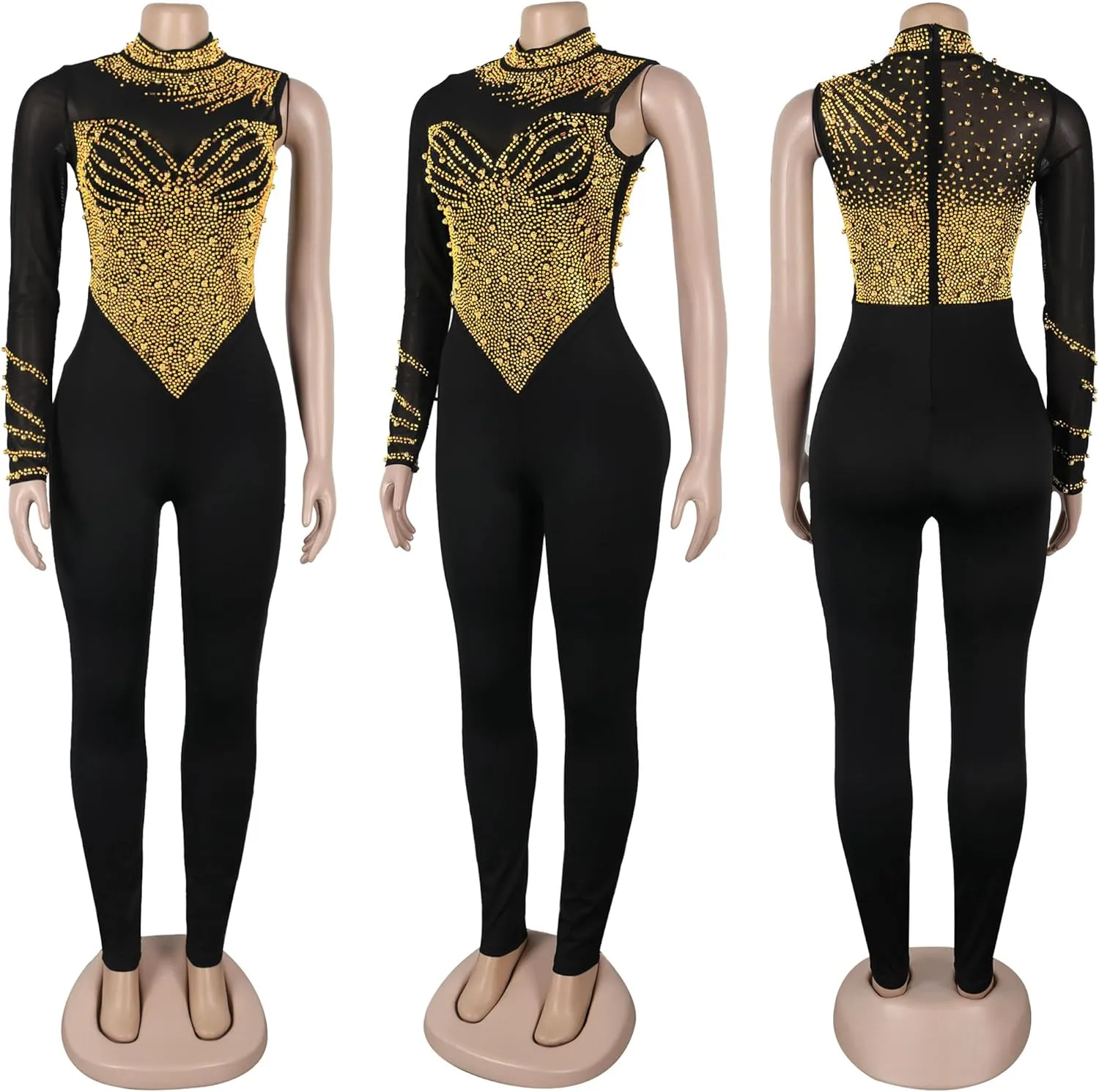 CUTUBLY Women Club Wear Feather Bodycon Jumpsuits Summer Sexy Rhinestone Jumpsuits Birthday Event Party Club Night Outfits
