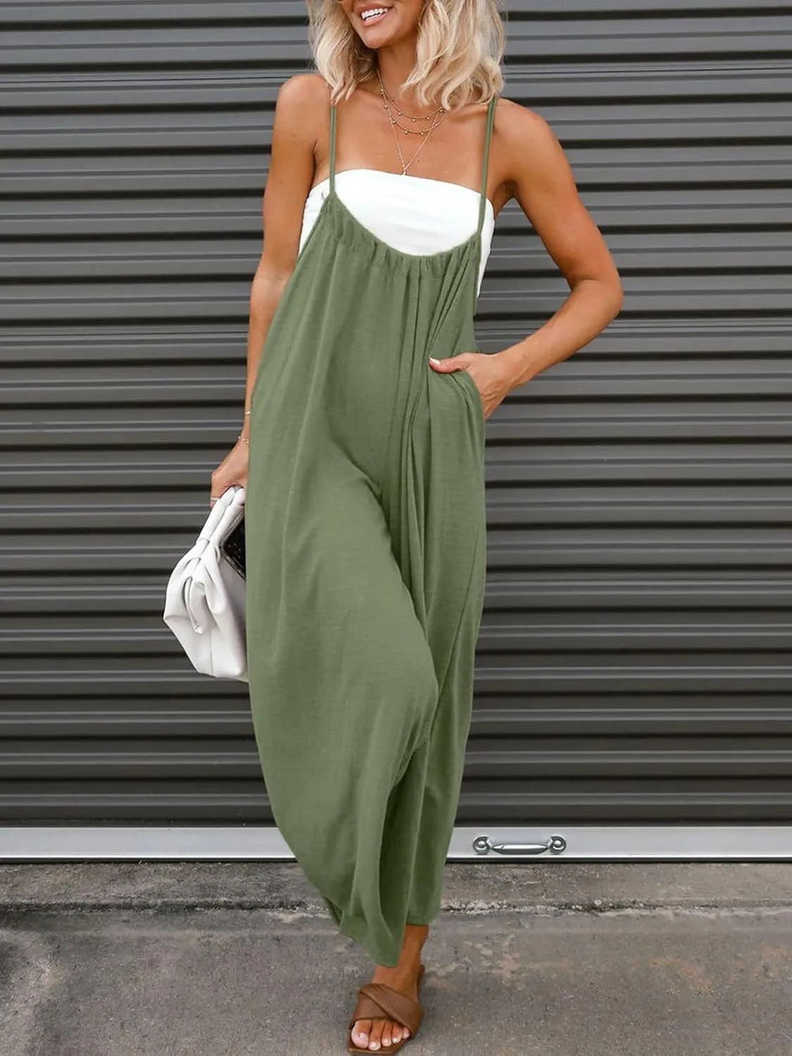 DEEP SELF Women's Casual Loose Sleeveless Jumpsuits Adjustable Spaghetti Straps Wide Leg Baggy Overalls with Pockets