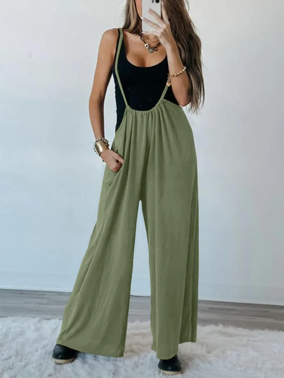 DEEP SELF Women's Casual Loose Sleeveless Jumpsuits Adjustable Spaghetti Straps Wide Leg Baggy Overalls with Pockets