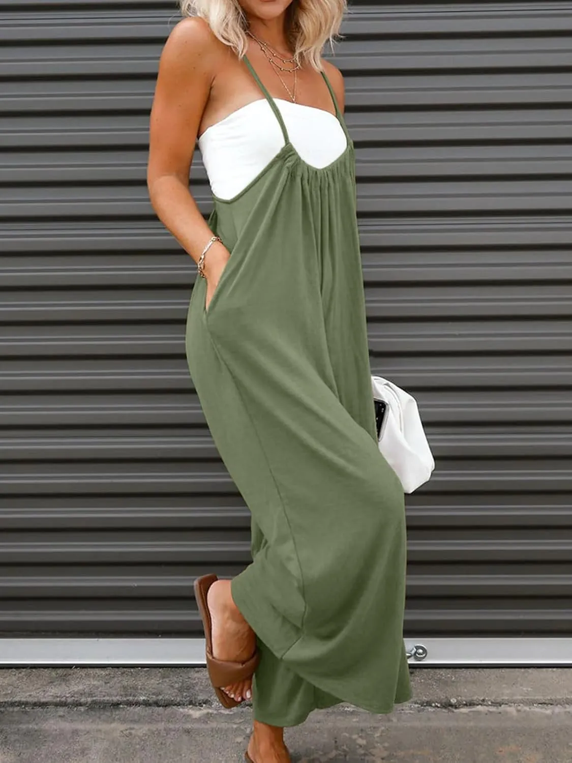 DEEP SELF Women's Casual Loose Sleeveless Jumpsuits Adjustable Spaghetti Straps Wide Leg Baggy Overalls with Pockets