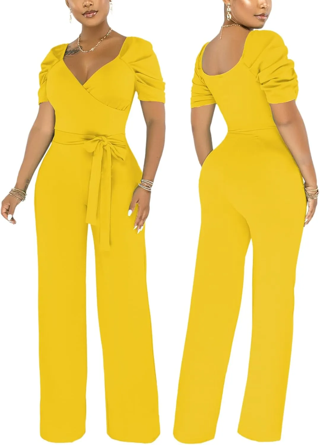 DinyIn Sexy Deep V Neck Long Wide Leg Pant for Women Casual Solid Jumpsuits Plus Size Romper with Belt