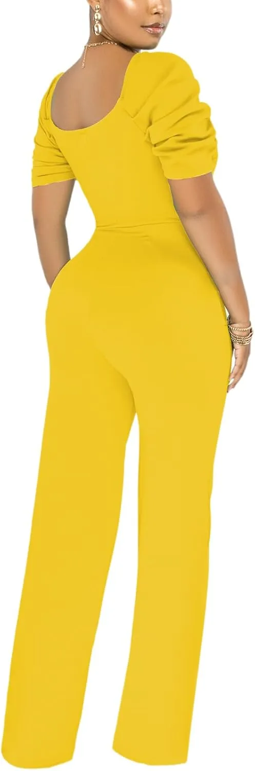 DinyIn Sexy Deep V Neck Long Wide Leg Pant for Women Casual Solid Jumpsuits Plus Size Romper with Belt