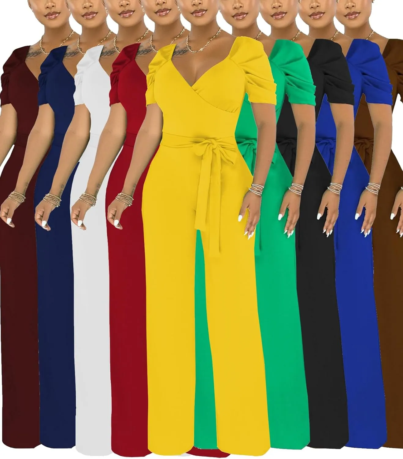 DinyIn Sexy Deep V Neck Long Wide Leg Pant for Women Casual Solid Jumpsuits Plus Size Romper with Belt