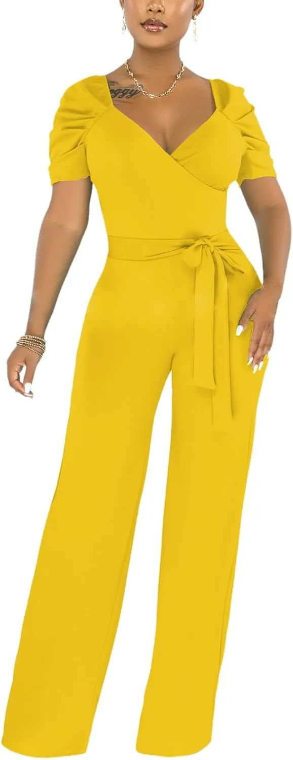 DinyIn Sexy Deep V Neck Long Wide Leg Pant for Women Casual Solid Jumpsuits Plus Size Romper with Belt