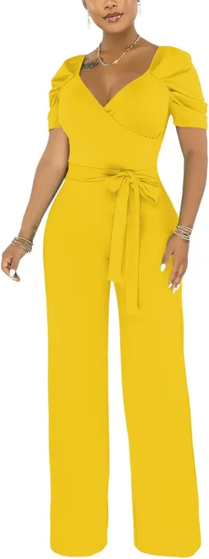 DinyIn Sexy Deep V Neck Long Wide Leg Pant for Women Casual Solid Jumpsuits Plus Size Romper with Belt