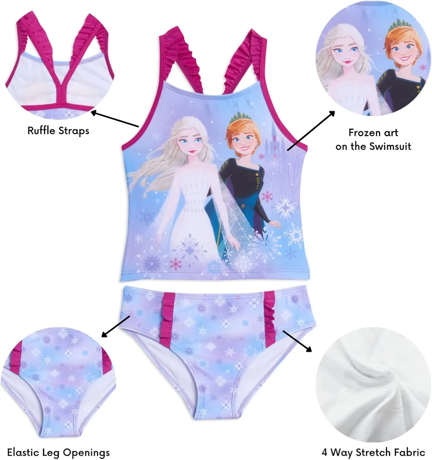 Disney Princess Anna Elsa Girls Tankini Top and Bikini Bottom Swim Set Toddler to Little Kid