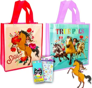 Dreamworks Tote Bag Set 4 Pc Bundle with 2 Large Horse Reusable Grocery Bags, Stickers, and Door Hanger | Party Favors Supplies for Girls Women