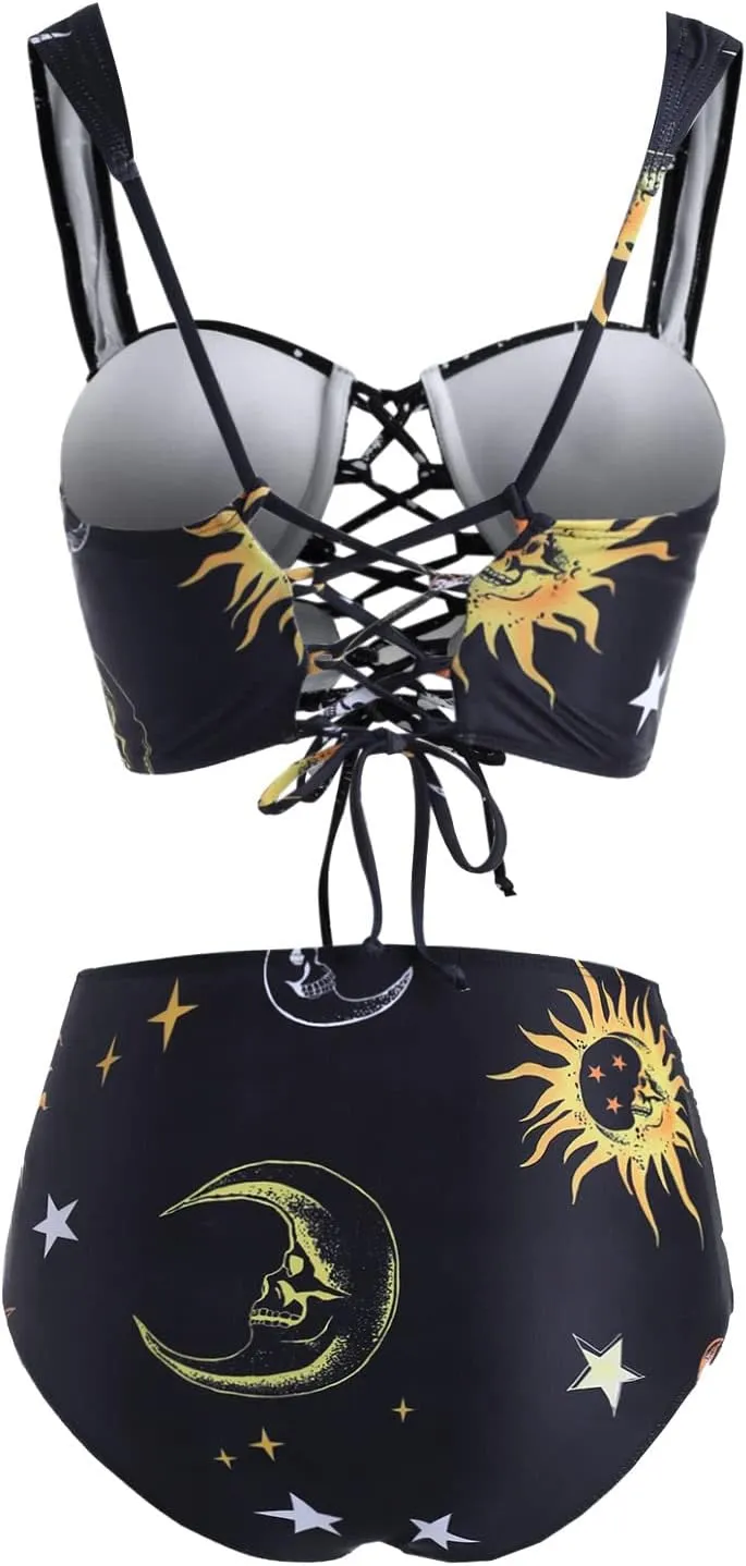 DRESSFO Bikini Set for Women Two Piece Bathing Suit High Waisted Bikini Gothic Sun and Moon Tummy Control Swimsuits