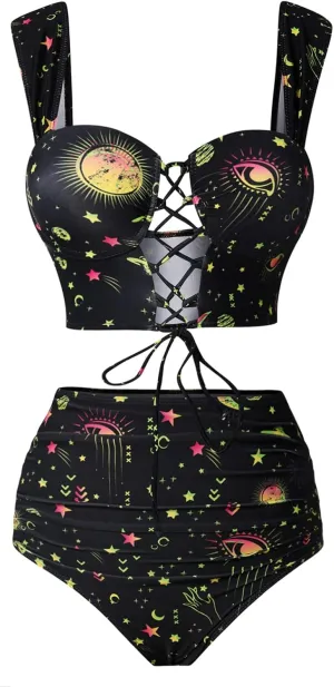 DRESSFO Bikini Set for Women Two Piece Bathing Suit High Waisted Bikini Gothic Sun and Moon Tummy Control Swimsuits