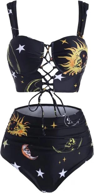DRESSFO Bikini Set for Women Two Piece Bathing Suit High Waisted Bikini Gothic Sun and Moon Tummy Control Swimsuits
