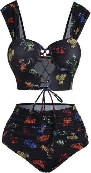 DRESSFO Bikini Set for Women Two Piece Bathing Suit High Waisted Bikini Gothic Sun and Moon Tummy Control Swimsuits