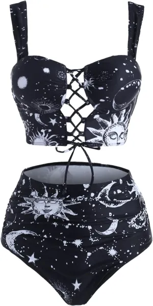 DRESSFO Bikini Set for Women Two Piece Bathing Suit High Waisted Bikini Gothic Sun and Moon Tummy Control Swimsuits
