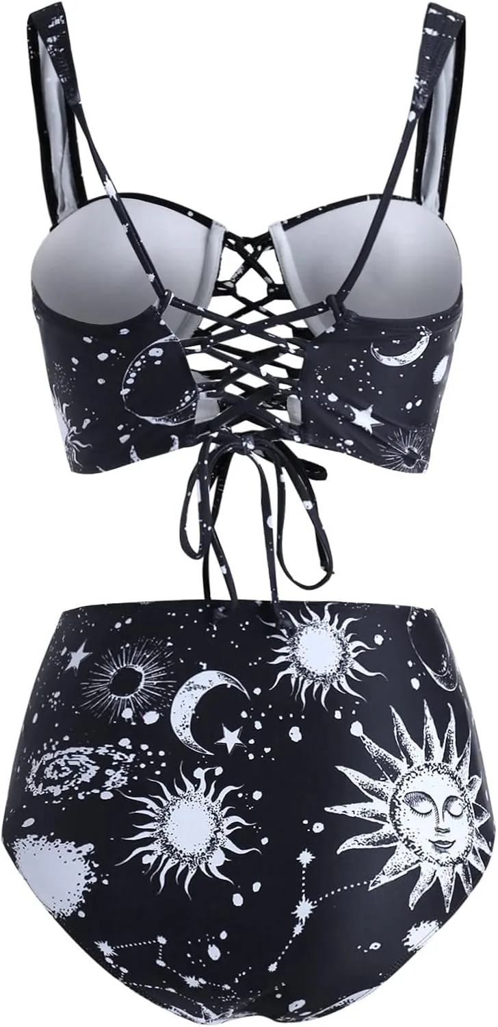 DRESSFO Bikini Set for Women Two Piece Bathing Suit High Waisted Bikini Gothic Sun and Moon Tummy Control Swimsuits