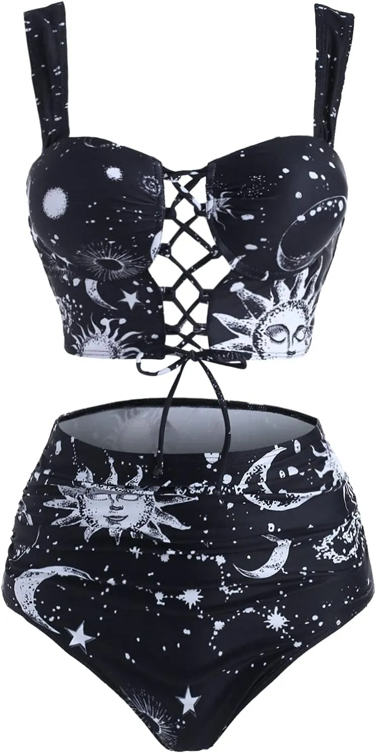 DRESSFO Bikini Set for Women Two Piece Bathing Suit High Waisted Bikini Gothic Sun and Moon Tummy Control Swimsuits