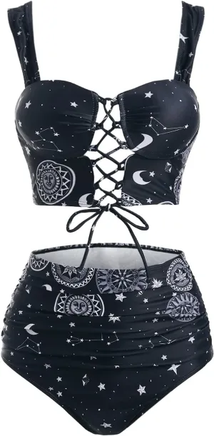 DRESSFO Bikini Set for Women Two Piece Bathing Suit High Waisted Bikini Gothic Sun and Moon Tummy Control Swimsuits