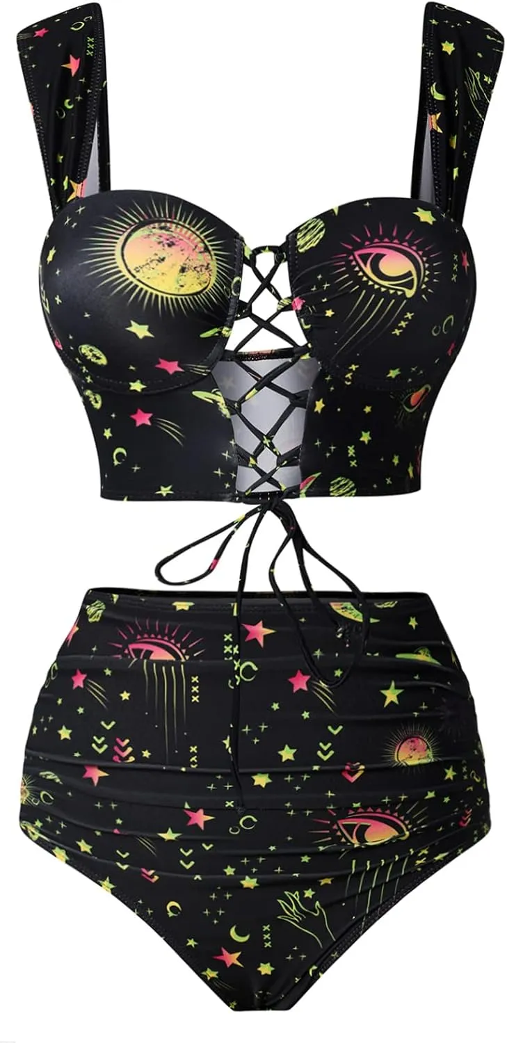 DRESSFO Bikini Set for Women Two Piece Bathing Suit High Waisted Bikini Gothic Sun and Moon Tummy Control Swimsuits
