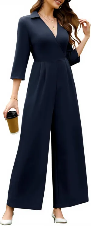 Dressystar V Neck Jumpsuits for Women Dressy Formal Casual Long Sleeve One Piece Outfits Wide Leg Long Romper with Pockets