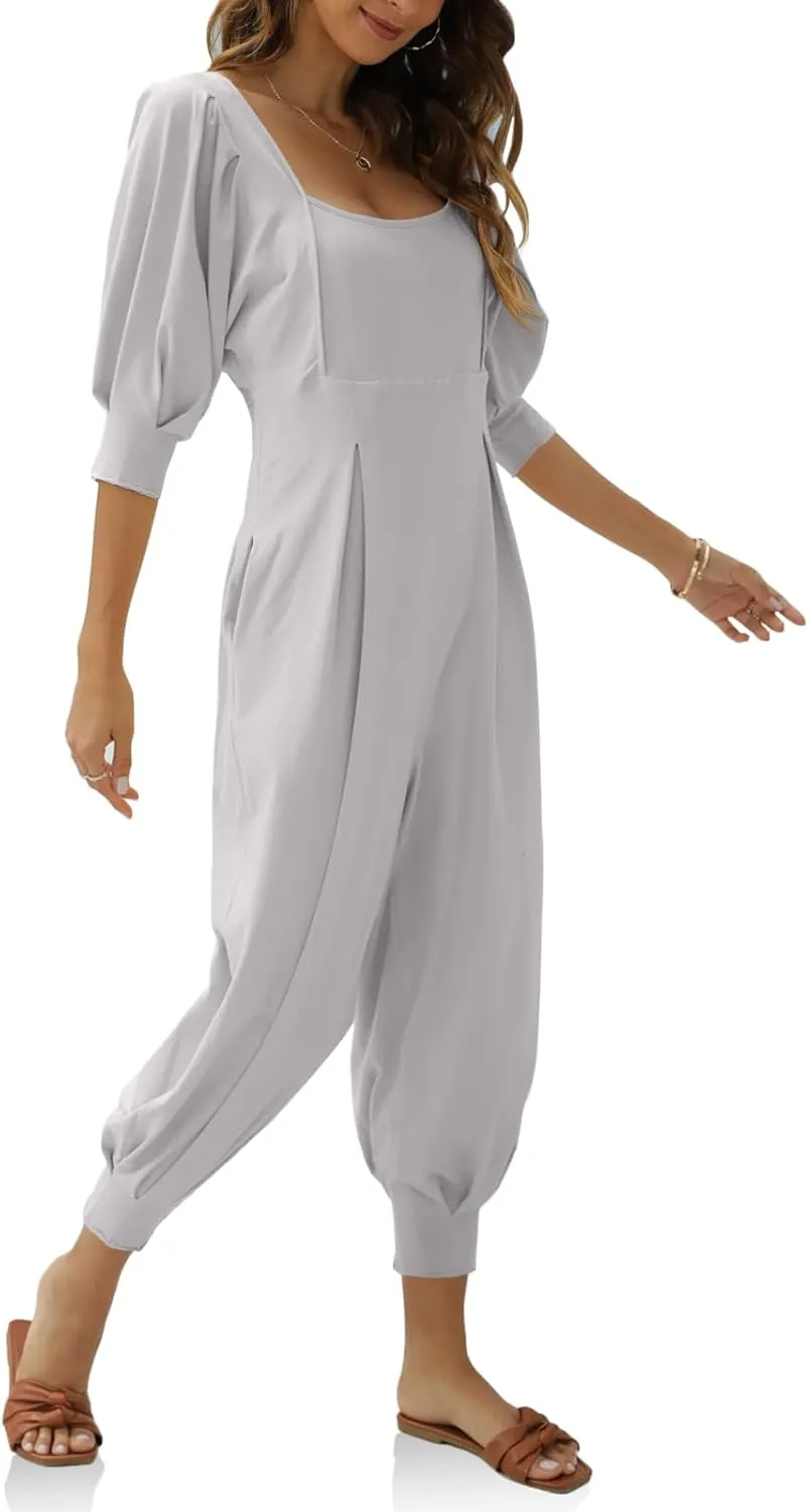 Ebifin Women's Casual Jumpsuits Square Neck Loose Long Pant Rompers with Pockets