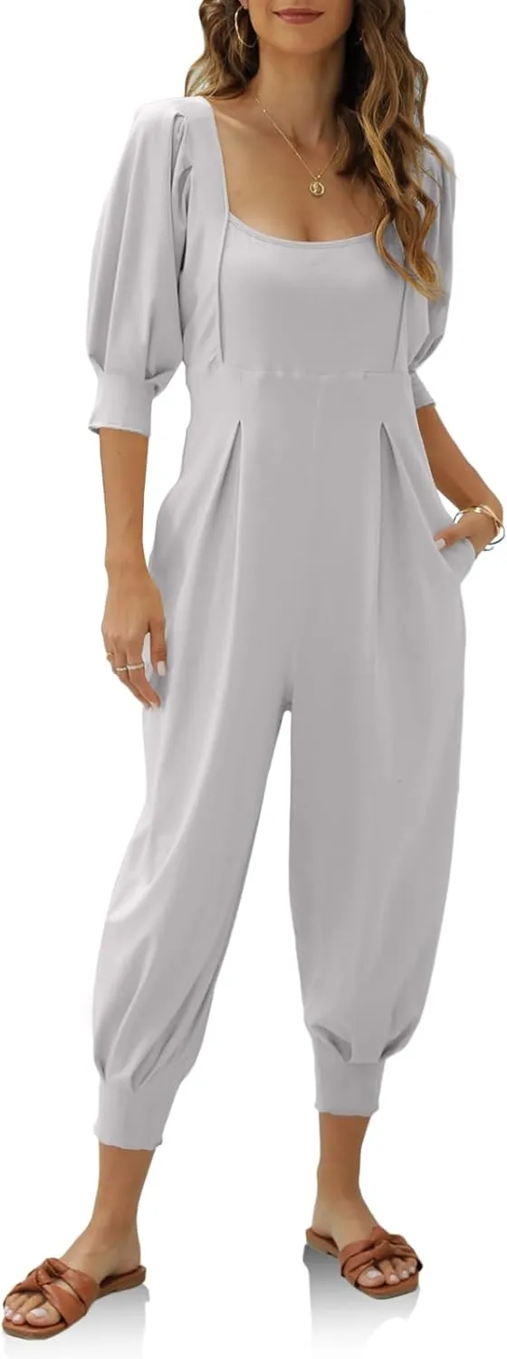 Ebifin Women's Casual Jumpsuits Square Neck Loose Long Pant Rompers with Pockets