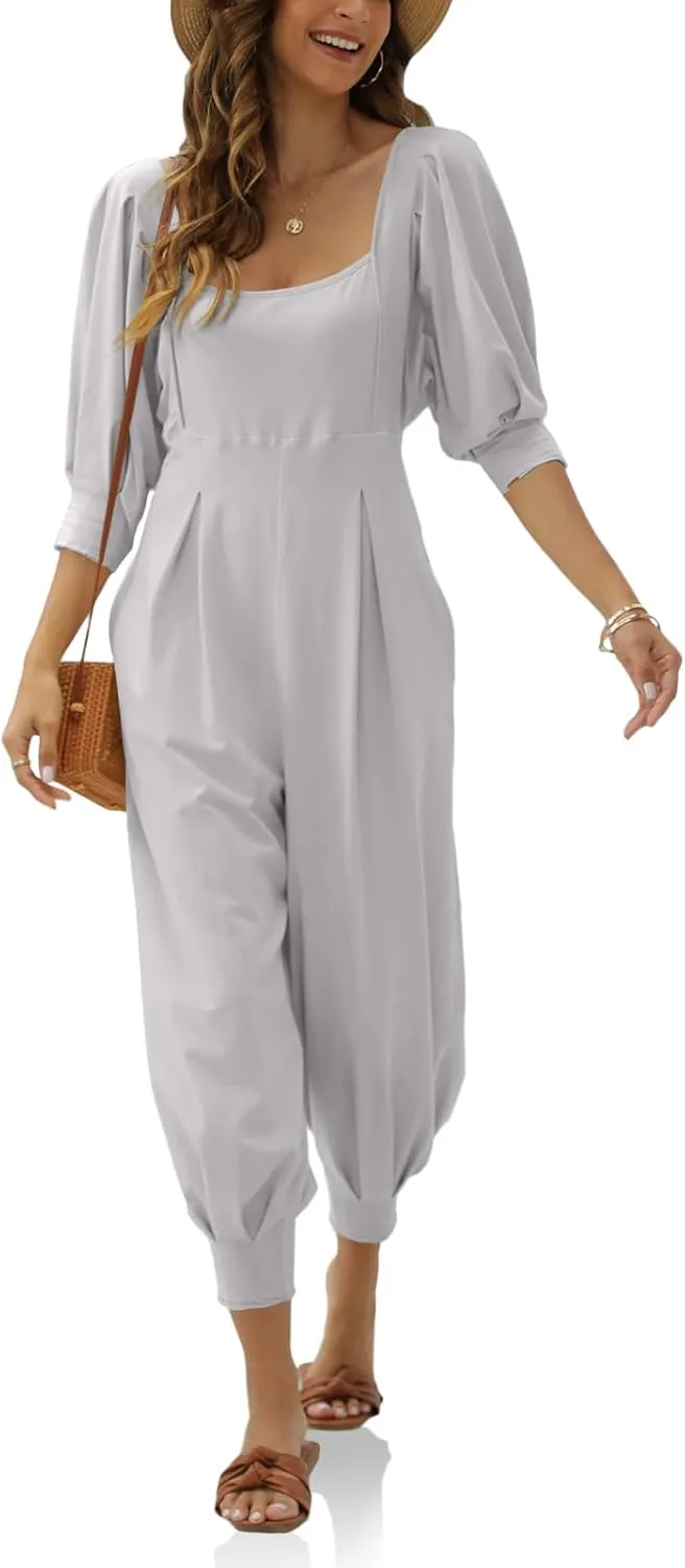 Ebifin Women's Casual Jumpsuits Square Neck Loose Long Pant Rompers with Pockets