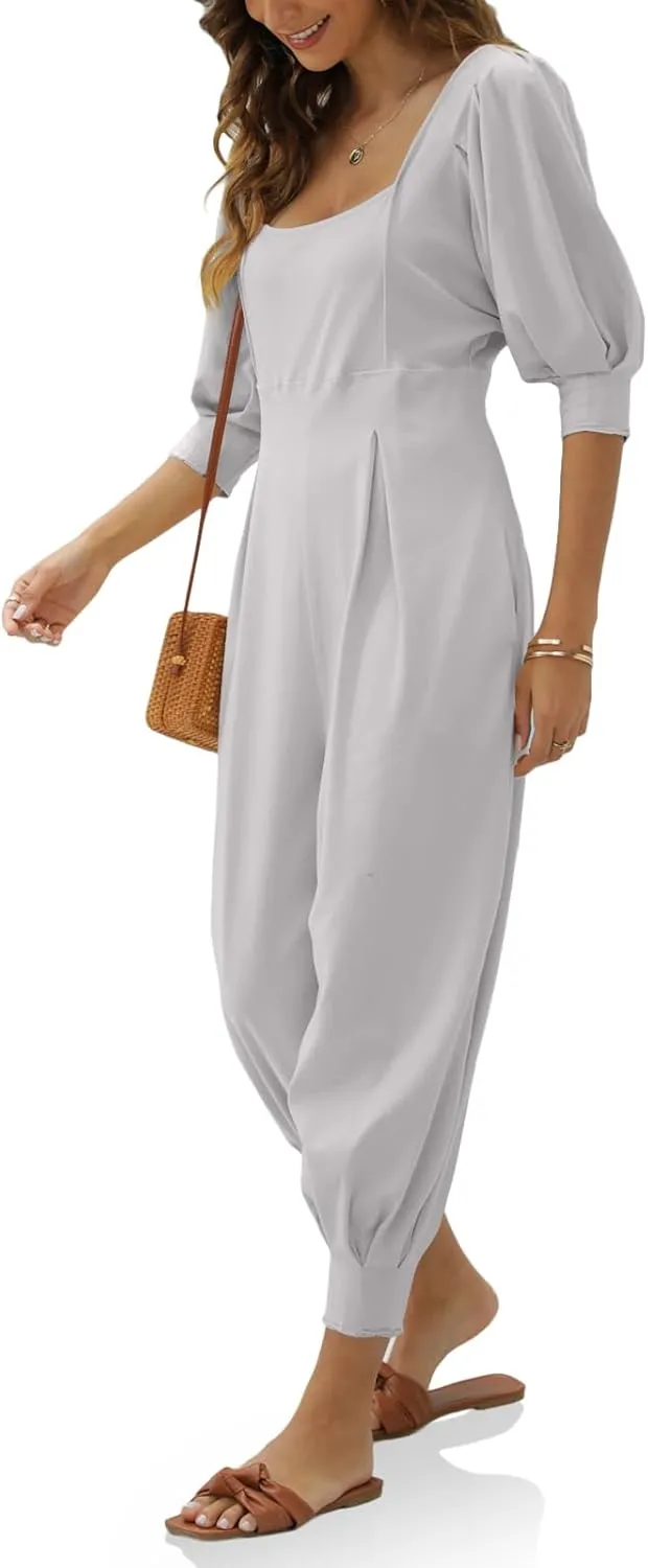 Ebifin Women's Casual Jumpsuits Square Neck Loose Long Pant Rompers with Pockets