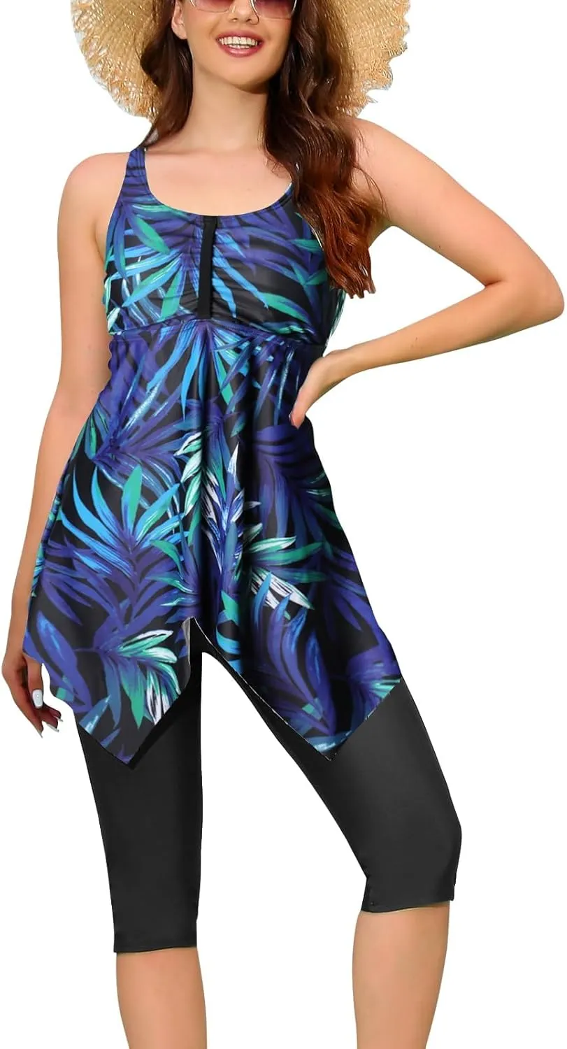 ECUPPER Women Plus Size Tankini Swimsuits Two Piece Swim Dress Modest Skirted Bathing Suit Flowy Swim Top with Capris Shorts