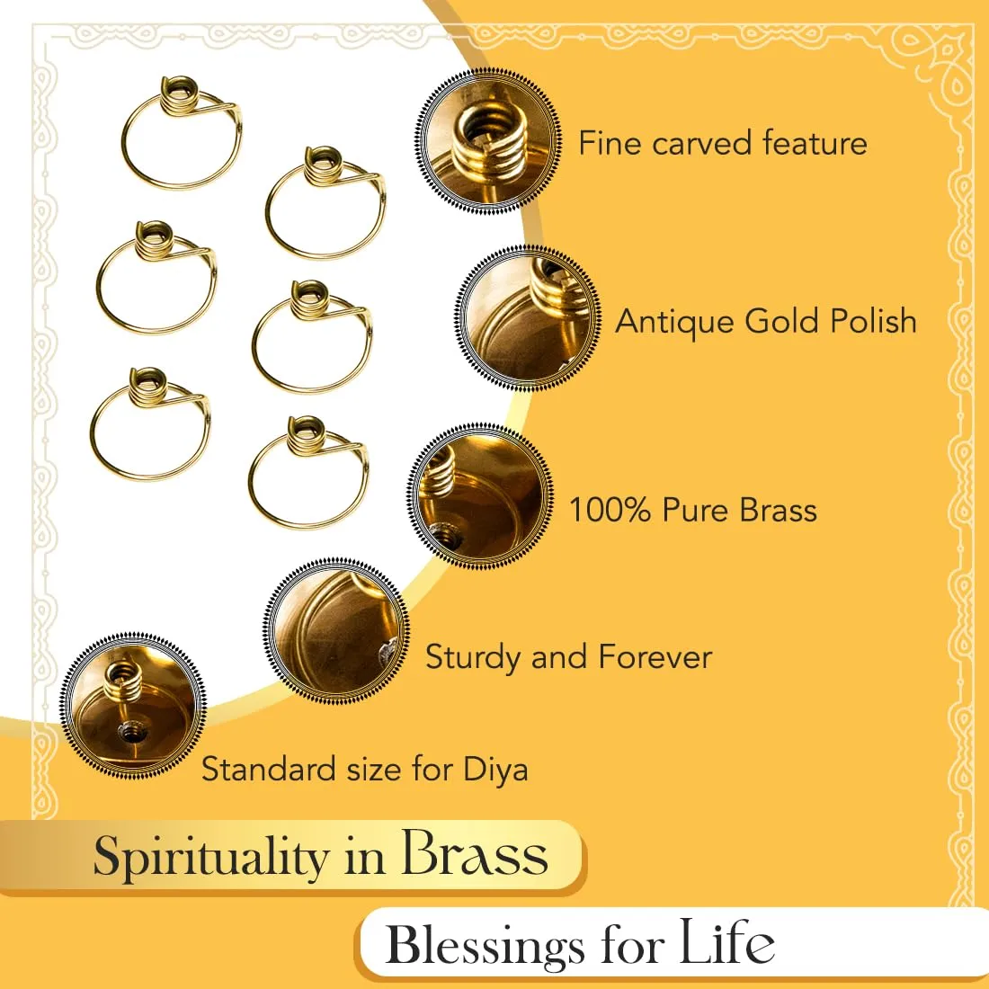 Ekhasa 100% Pure Brass Wick Holders for Oil Lamp | Deepam Stand, Vilakku Thiri Holder | Niranjan Kadi, Samay Diya Kadi Holder | Thiri Stand for Deepak | Round Wicks for Pooja Diya (Set of 6)