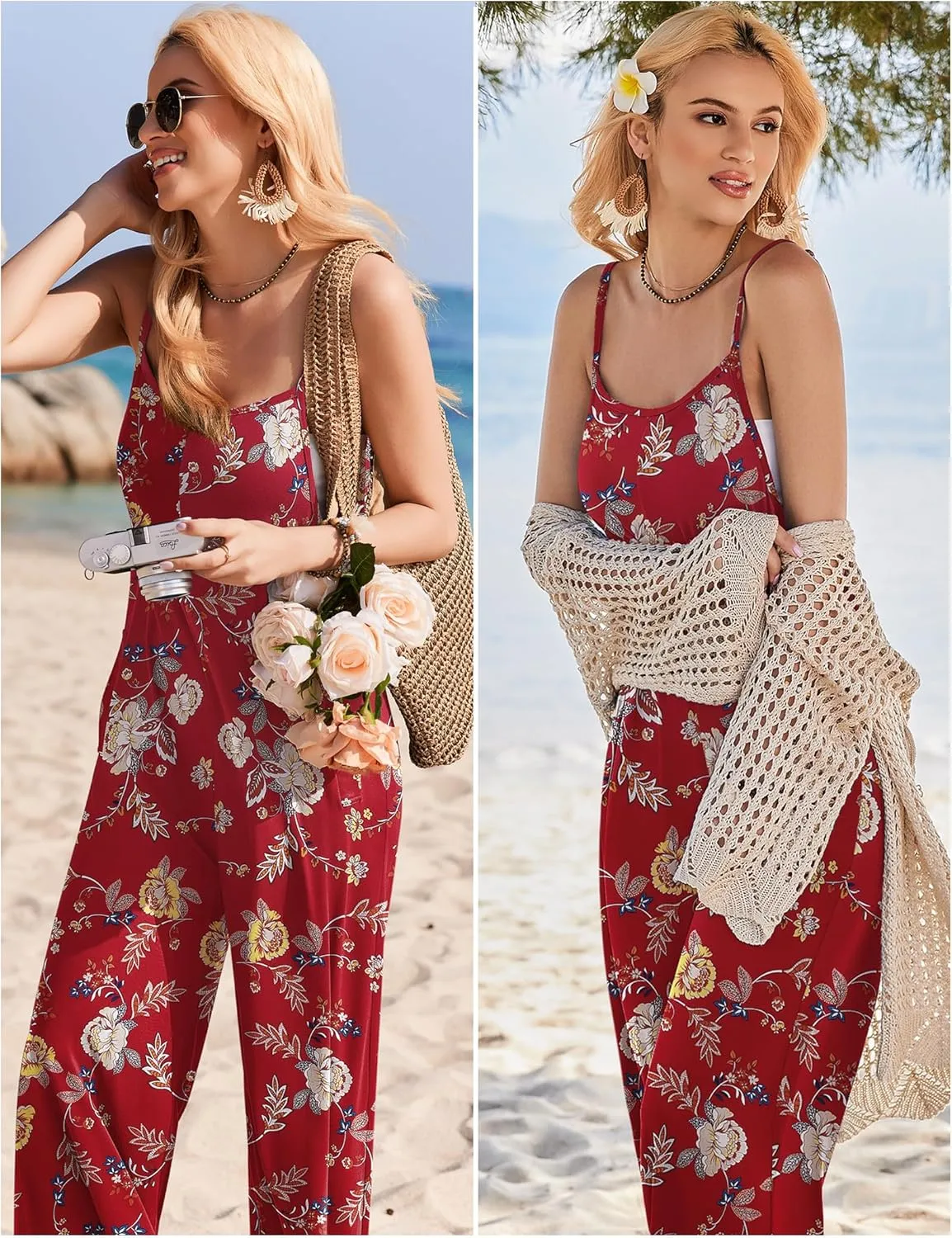 Ekouaer Womens Casual Sleeveless Jumpsuits Summer Boho Wide Leg Floral Rompers Overalls with Pockets