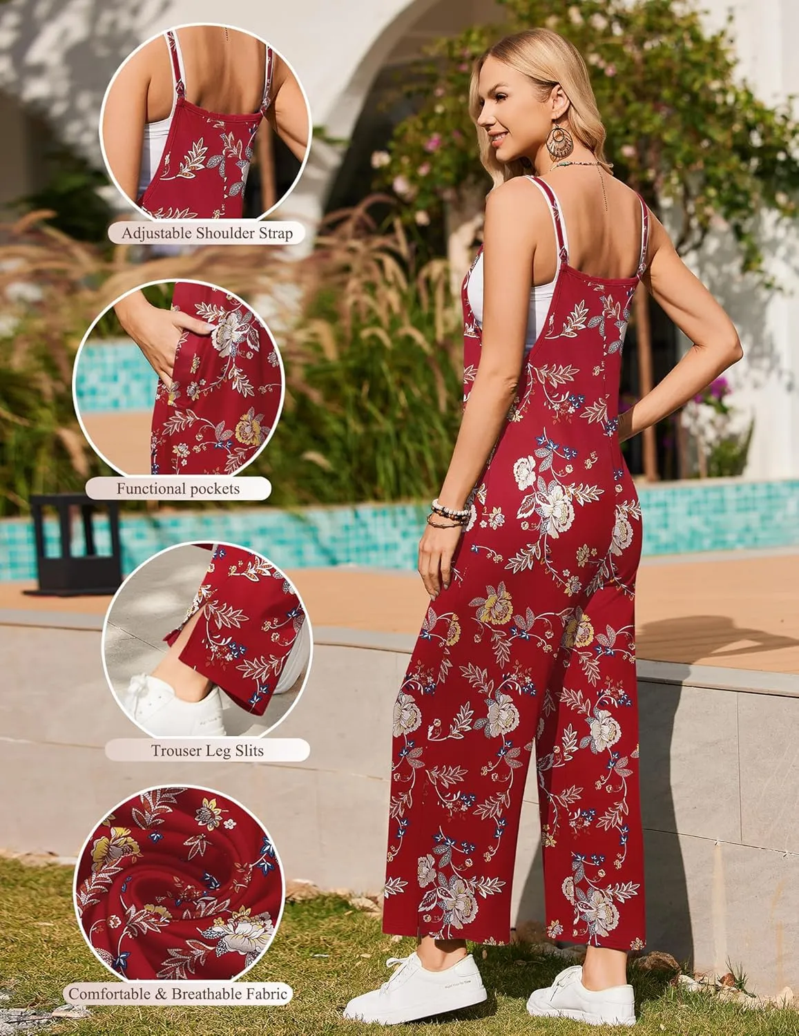 Ekouaer Womens Casual Sleeveless Jumpsuits Summer Boho Wide Leg Floral Rompers Overalls with Pockets