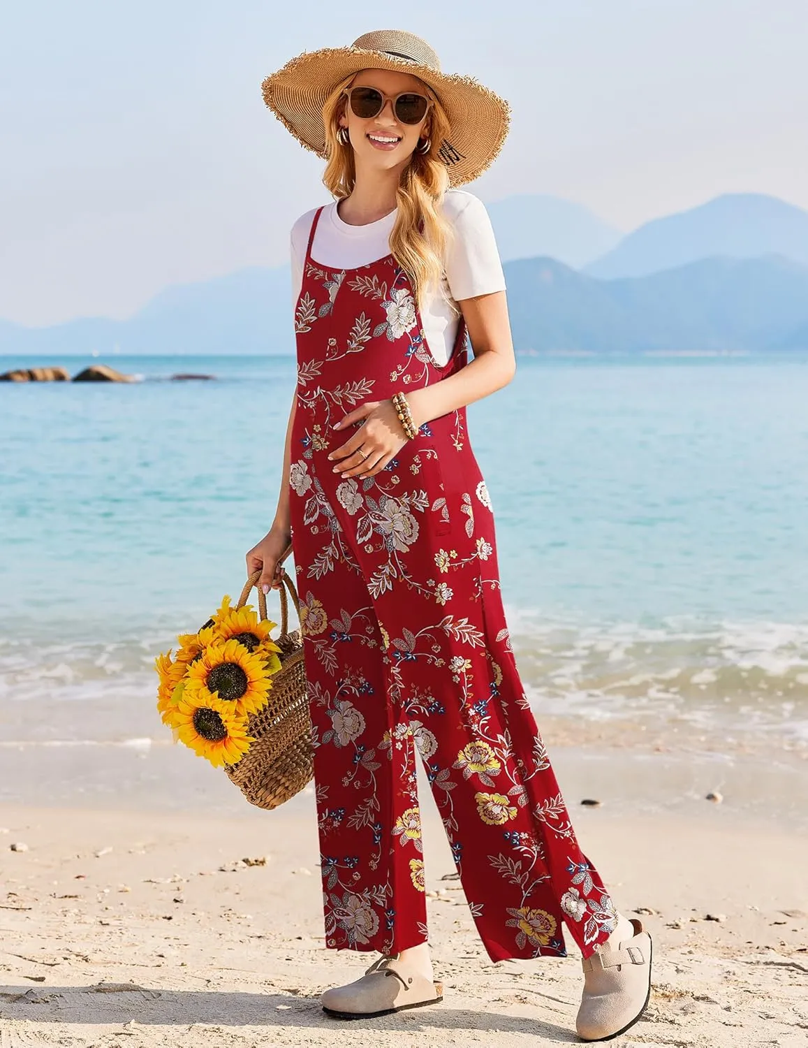 Ekouaer Womens Casual Sleeveless Jumpsuits Summer Boho Wide Leg Floral Rompers Overalls with Pockets