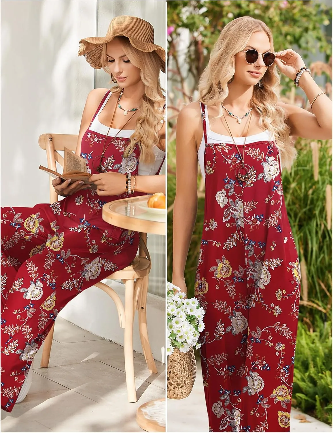 Ekouaer Womens Casual Sleeveless Jumpsuits Summer Boho Wide Leg Floral Rompers Overalls with Pockets