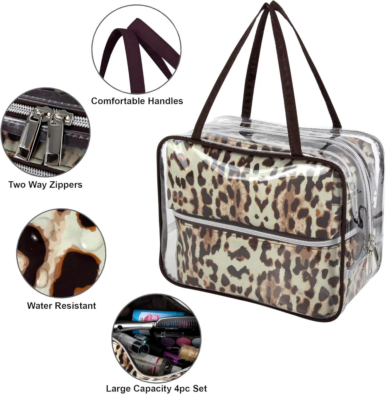 Emma & Chloe 4 Piece Toiletry Bag Set, Waterproof Home, Travel Cosmetic Train Case Makeup Bags for Women with Handle, Zipper  4 Makeup Bags Set (Ladylike Leopard)