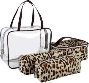 Emma & Chloe 4 Piece Toiletry Bag Set, Waterproof Home, Travel Cosmetic Train Case Makeup Bags for Women with Handle, Zipper  4 Makeup Bags Set (Ladylike Leopard)