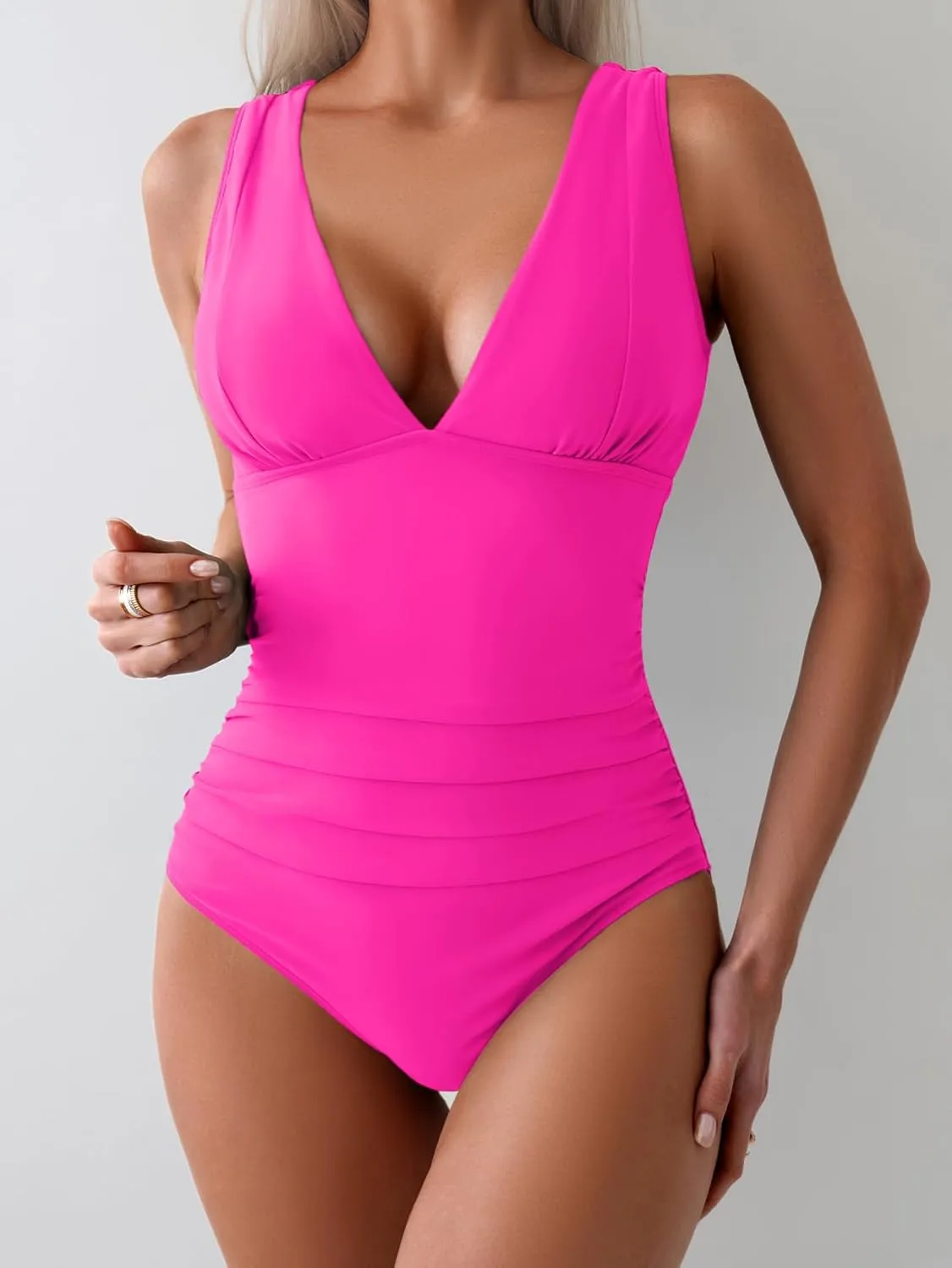 Eomenie One Piece Swimsuit for Women Tummy Control Plunge V Neck Bathing Suit Slimming Wide Straps Swimwear