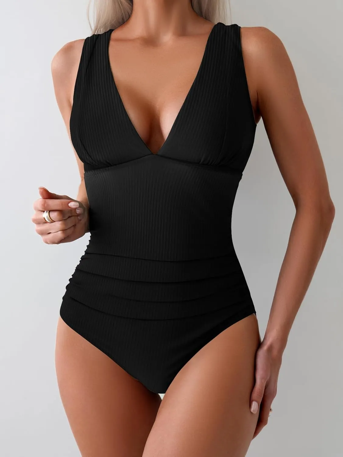 Eomenie One Piece Swimsuit for Women Tummy Control Plunge V Neck Bathing Suit Slimming Wide Straps Swimwear