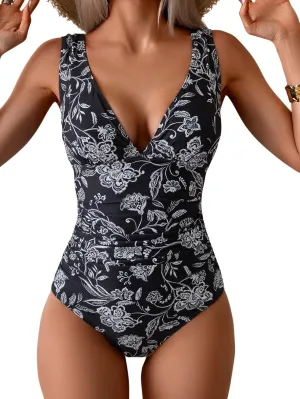 Eomenie One Piece Swimsuit for Women Tummy Control Plunge V Neck Bathing Suit Slimming Wide Straps Swimwear