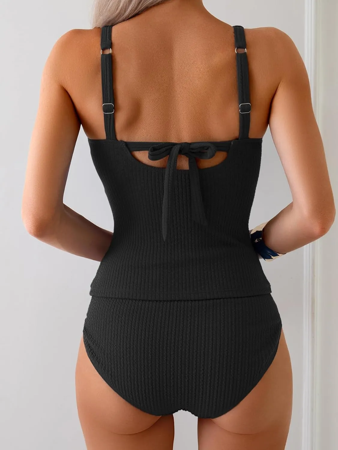 Eomenie Women's Tankini Swimsuits Ribbed Tummy Control Two Piece Bathing Suits Tie Back High Waisted Swimwear